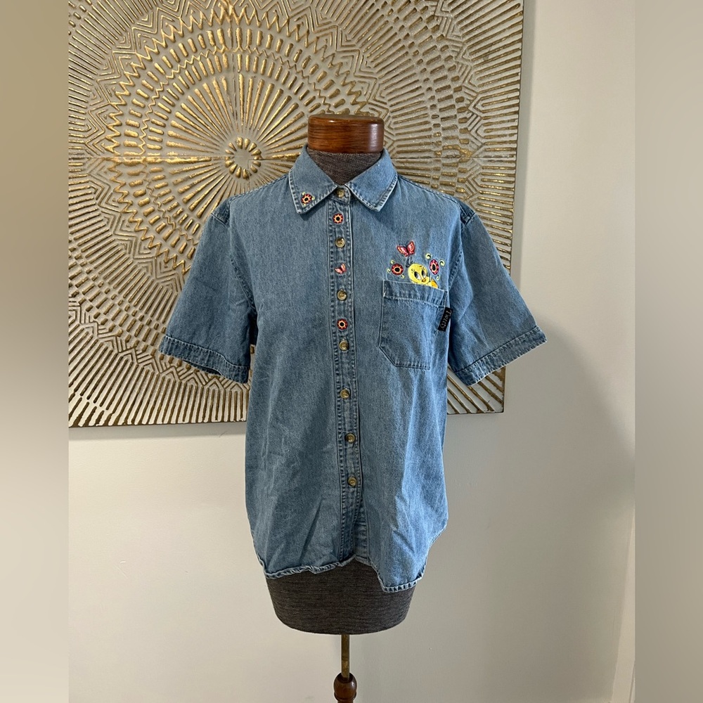 Y2K Looney Tunes Tweety Bird Denim Shirt Large Embroidered Cartoon Button Down